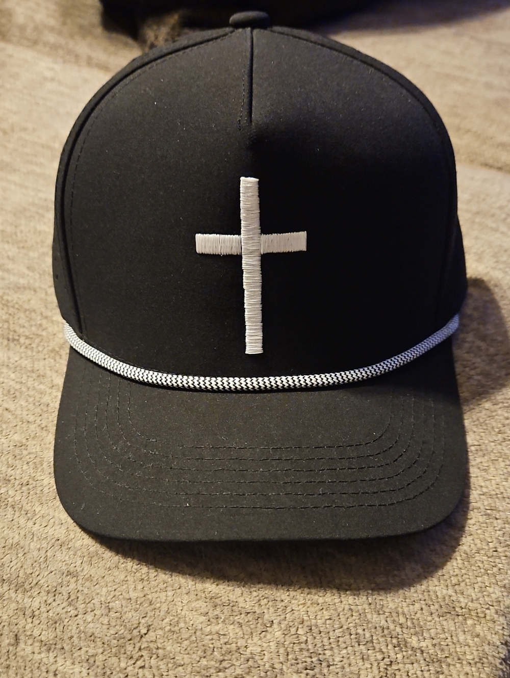 Black Snapback Cap with White Cross Embroidery